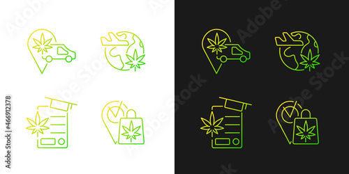 Worldwide cannabis industry gradient icons set for dark and light mode. Marijuana industry. Thin line contour symbols bundle. Isolated vector outline illustrations collection on black and white