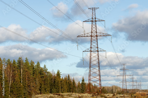 High voltage electric transmission tower. High-voltage power lines.