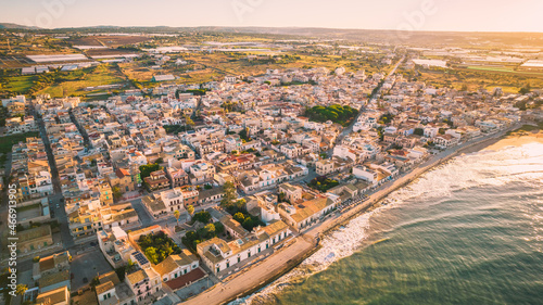 Amazing Panorama of Donnalucata and Mediterranean Sea at Dawn from above, Scicli, Ragusa, Sicily, Italy, Europe--