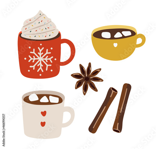 Abstract hot winter drink set, Winter cozy set vector illustration, Coffee cup, tea, cinnamon set vector, Christmas illustration 