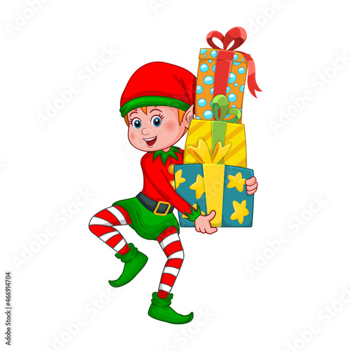 Christmas elf. Cute cartoon Santa Claus helper elf holds group of colorful wrapped gift boxes with ribbons and bows. Smiling gnome in costume is carrying a gifts. New Year and Christmas vector icon. © KidLand