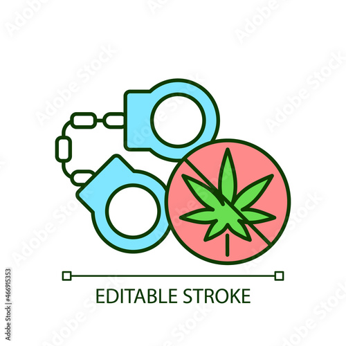 Marijuana arrests RGB color icon. Drug law violation. Cannabis related criminal penalties. Marijuana possession crimes. Isolated vector illustration. Simple filled line drawing. Editable stroke