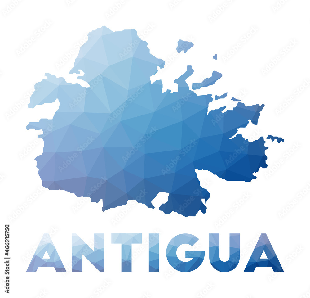 Obraz premium Low poly map of Antigua. Geometric illustration of the island. Antigua polygonal map. Technology, internet, network concept. Vector illustration.