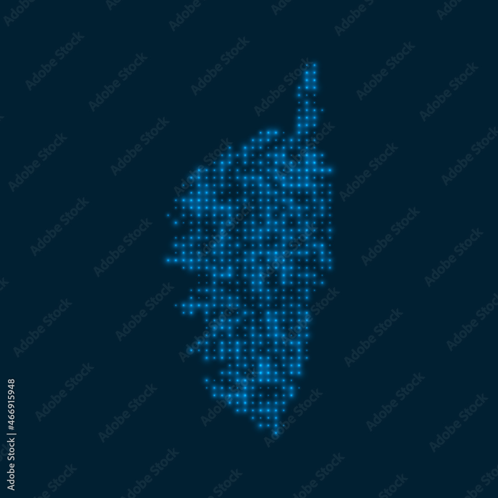 Corsica dotted glowing map. Shape of the island with blue bright bulbs. Vector illustration.