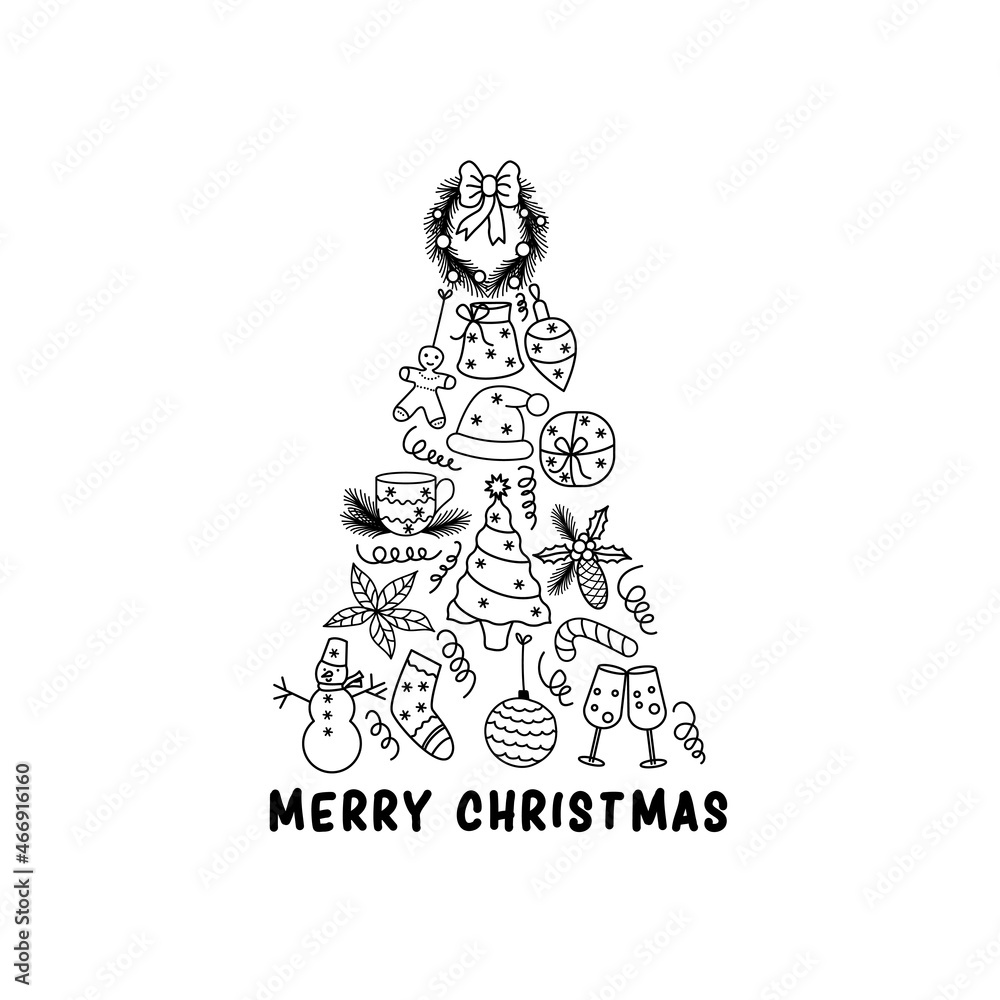 Christmas tree drawn from Christmas elements in linear style for greeting design. New Year festive traditional symbol tree. Winter holiday.