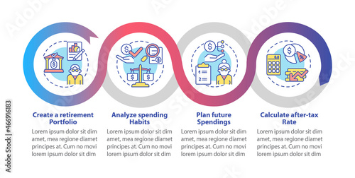 Saving guide vector infographic template. Build investment portfolio presentation outline design elements. Data visualization with 4 steps. Process timeline info chart. Workflow layout with line icons