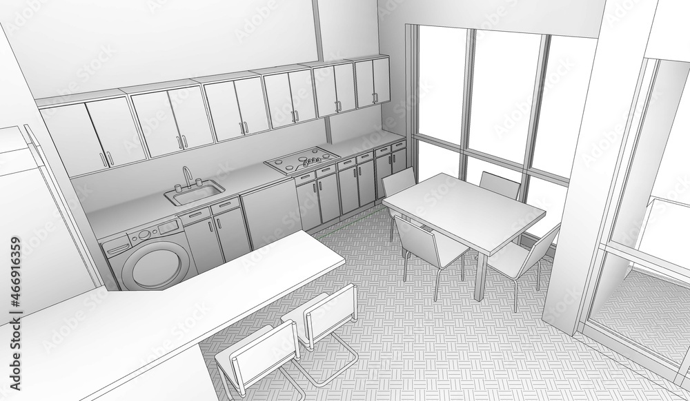 3d illustration of a kitchen in an open space flat.  Abstract interior scene with ambient shadow and parquet tiling on the ground. Black and white image. 