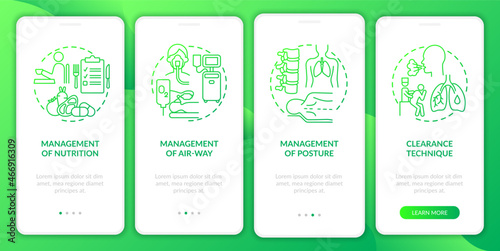 Pulmonary rehabilitation green gradient onboarding mobile app page screen. Walkthrough 4 steps graphic instructions with concepts. UI, UX, GUI vector template with linear color illustrations