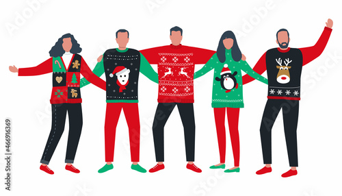 Ugly Christmas Sweater Party. Young people in red and green Christmas sweaters with deer, bear, penguin. Best friends stand together and hug. Vector illustration.