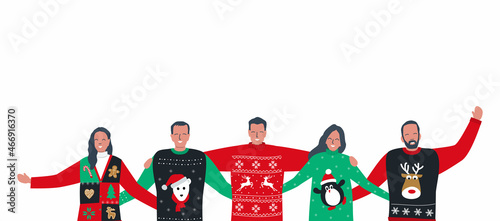 Ugly Christmas Sweater Party. Young people in red and green Christmas sweaters with deer, bear, penguin. Best friends are stand together and hug. Vector illustration