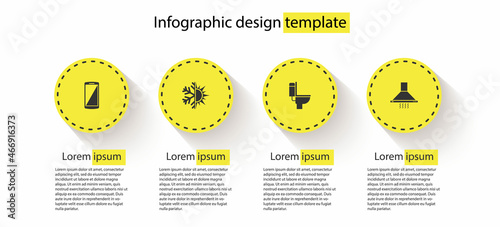 Set Smartphone, mobile phone, Sun and snowflake, Toilet bowl and Kitchen extractor fan. Business infographic template. Vector