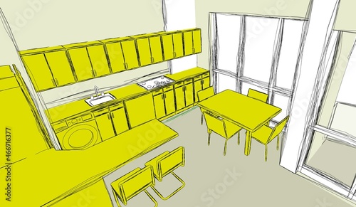 3d illustration of a home kitchen in an openspace flat.  Abstract interior scene with yellow furniture and grey colored walls and floor. Perspective in hand drawing style. 