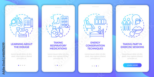 Pulmonary rehab program blue gradient onboarding mobile app page screen. Treatment walkthrough 4 steps graphic instructions with concepts. UI, UX, GUI vector template with linear color illustrations