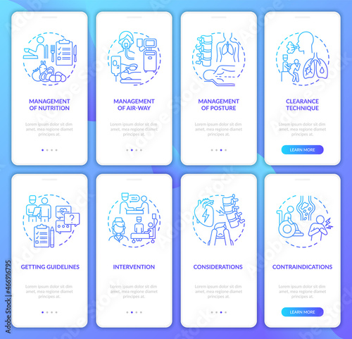 Lungs diseases recovery blue gradient onboarding mobile app page screen set. Walkthrough 4 steps graphic instructions with concepts. UI, UX, GUI vector template with linear color illustrations
