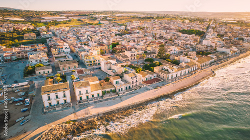 Amazing Panorama of Donnalucata and Mediterranean Sea at Dawn from above, Scicli, Ragusa, Sicily, Italy, Europe--