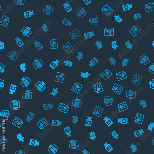 Set Cat medicine bottle, Medical certificate for dog or cat, Veterinary clinic and Clinical record pet on monitor on seamless pattern. Vector