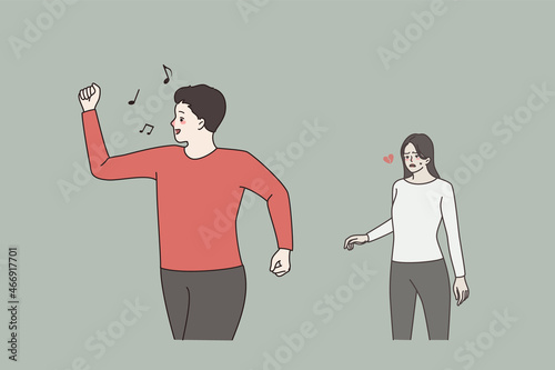 Happy young man leave upset stressed woman lover behind. Couple breakup relationships. Smiling optimistic male quit dating sad lonely unhappy girlfriend. Separation, divorce. Vector illustration. 