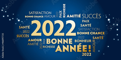 Carte de voeux – bonne année 2022 - bleu et dorée. - Texte en français