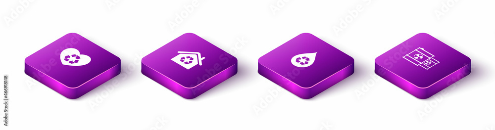 Set Isometric Eco friendly heart, House with recycling, Recycle clean aqua and Radioactive waste barrel icon. Vector