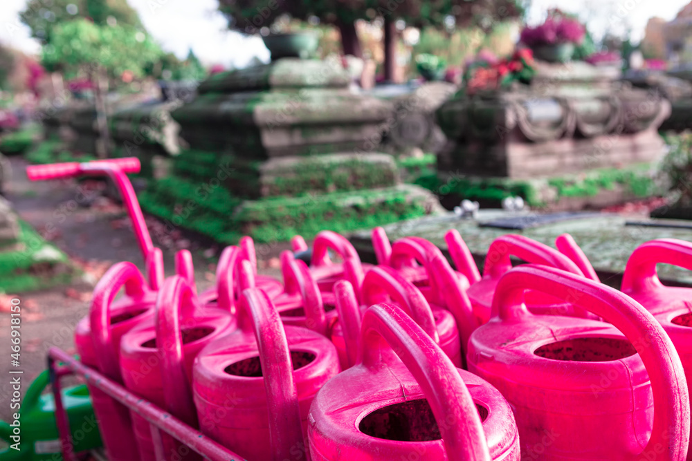Plastic Water Cans in Cemetery ,for watering flowers . Watering Cans in graveyard 