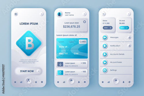Online banking concept neumorphic templates set. Personal account, credit card service, financial transactions. UI, UX, GUI screens for responsive mobile app. Vector design kit in neumorphism style