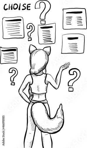 vector fox girl with questions and difficult choise