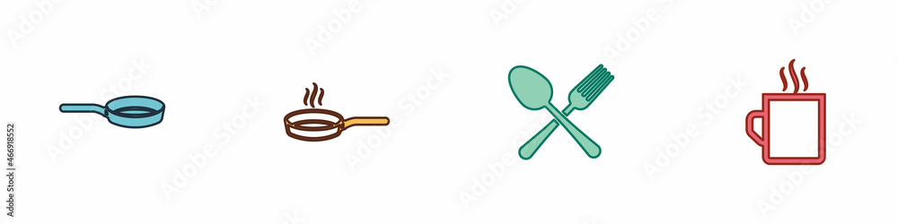 Set Frying pan, , Crossed fork and spoon and Coffee cup icon. Vector Set Frying pan, , Crossed fork and spoon and Coffee cup icon. Vector