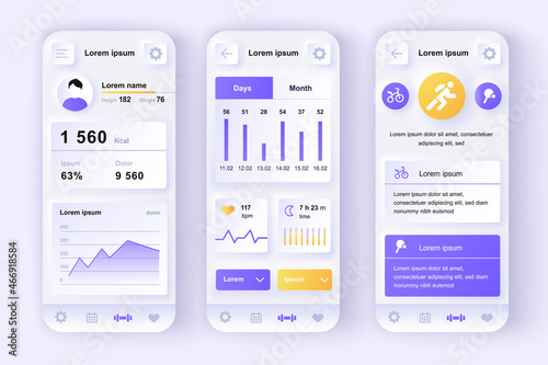 Fitness workout concept neumorphic templates set. Sports activity tracker, calorie tracking, training statistics. UI, UX, GUI screens for responsive mobile app. Vector design kit in neumorphism style