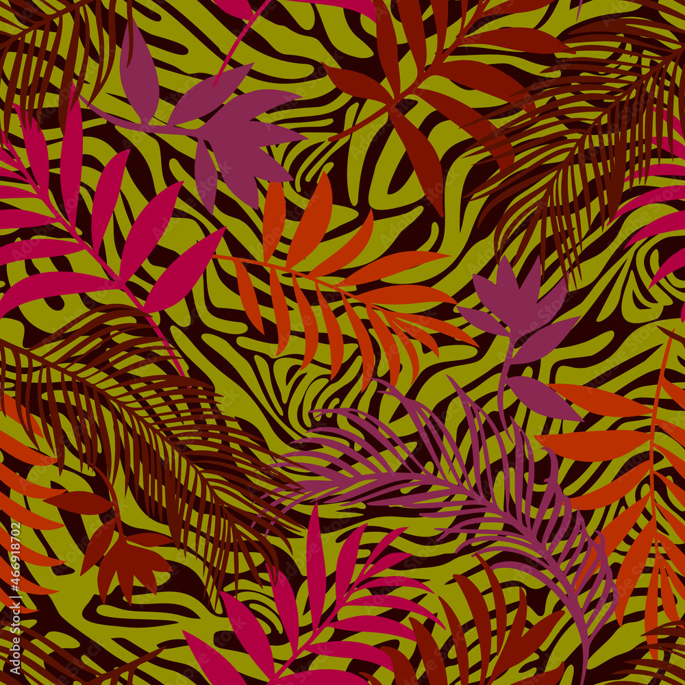 Botanical seamless pattern mixed with tiger zebra stripes skin texture. Hand drawn fantasy exotic sprigs and leafage. Floral background made of herbal foliage leaves for fashion, textile, fabric. Botanical seamless pattern mixed with tiger zebra stripes skin texture. Hand drawn fantasy exotic sprigs and leafage. Floral background made of herbal foliage leaves for fashion, textile, fabric.