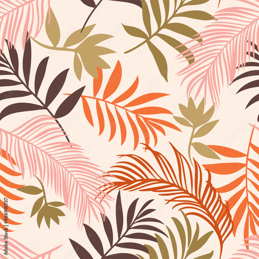 Botanical seamless pattern. Hand drawn fantasy exotic sprigs. Leaf ornament. Floral background made of herbal foliage leaves for fashion design, textile, fabric and wallpaper.