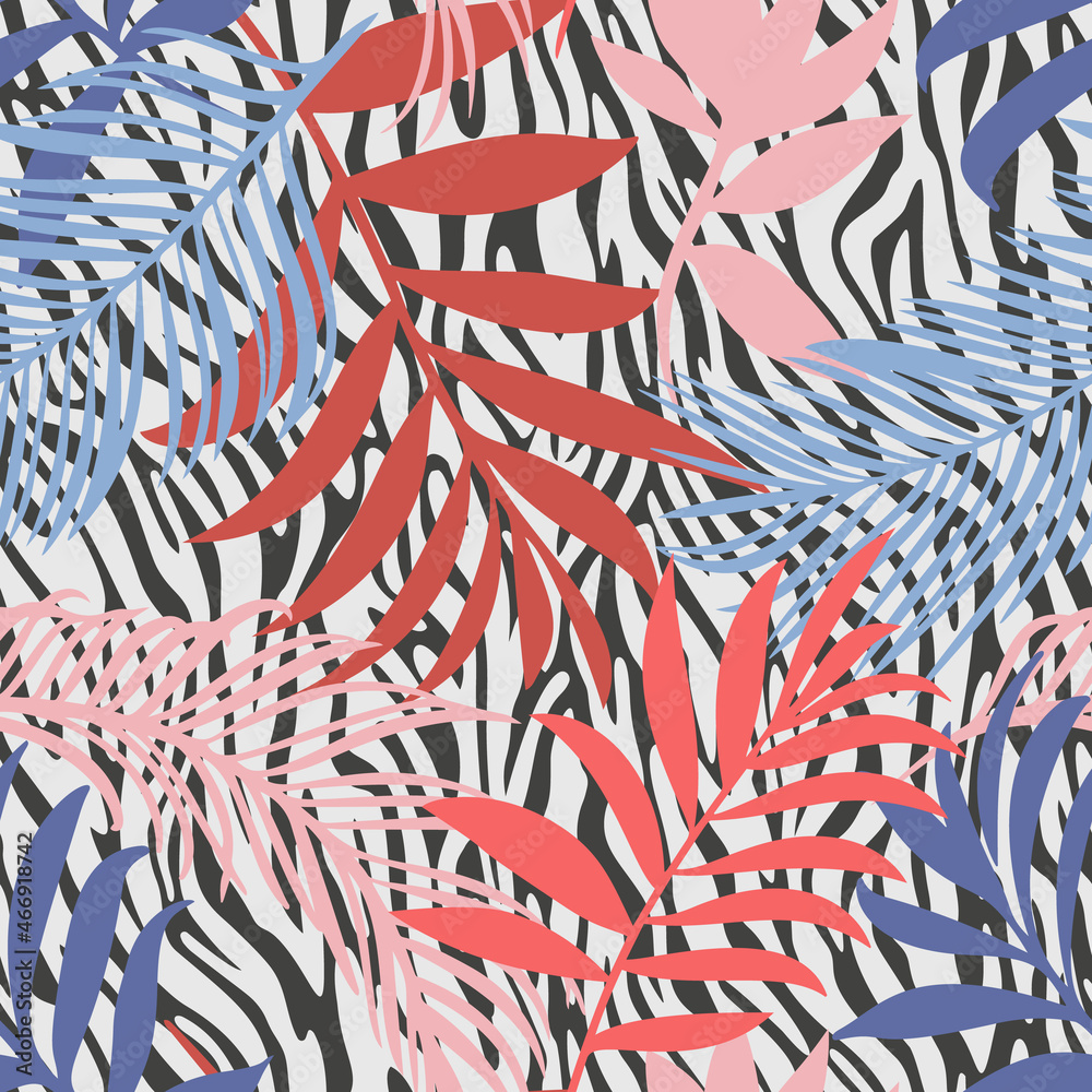 Botanical seamless pattern mixed with tiger zebra stripes skin texture. Hand drawn fantasy exotic sprigs and leafage. Floral background made of herbal foliage leaves for fashion, textile, fabric.