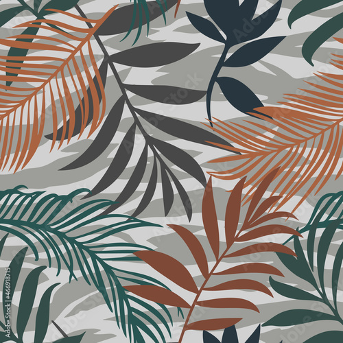 Botanical seamless pattern mixed with tiger zebra stripes skin texture. Hand drawn fantasy exotic sprigs and leafage. Floral background made of herbal foliage leaves for fashion, textile, fabric.