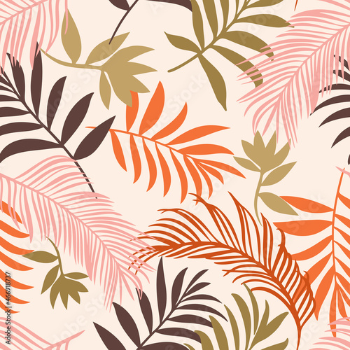 Botanical seamless pattern. Hand drawn fantasy exotic sprigs. Leaf ornament. Floral background made of herbal foliage leaves for fashion design, textile, fabric and wallpaper.