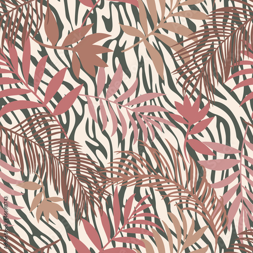 Botanical seamless pattern mixed with tiger zebra stripes skin texture. Hand drawn fantasy exotic sprigs and leafage. Floral background made of herbal foliage leaves for fashion, textile, fabric.