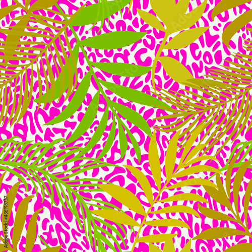 Botanical seamless pattern mixed with leopard spots skin print texture. Hand drawn fantasy exotic sprigs and leafage. Floral background made of herbal foliage leaves for fashion,  textile, fabric.