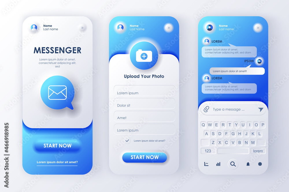 Online messenger concept neumorphic templates set. Login and registration form, chat, sending messages, keyboard. UI, UX, GUI screens for responsive mobile app. Vector design kit in neumorphism style