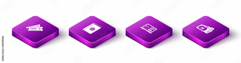 Set Isometric Ticket, Cover book travel guide, Online hotel booking and Train ticket icon. Vector