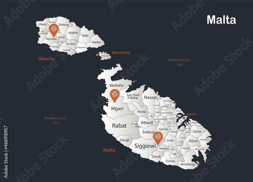 Malta map, Infographics flat design colors snow white, with names of individual regions vector