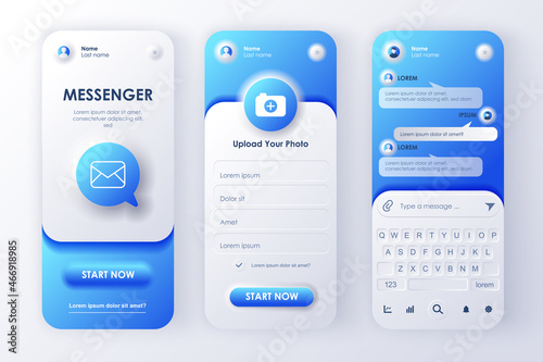Online messenger concept neumorphic templates set. Login and registration form, chat, sending messages, keyboard. UI, UX, GUI screens for responsive mobile app. Vector design kit in neumorphism style