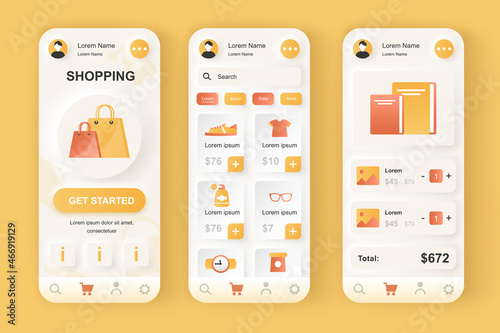 Online shopping concept neumorphic templates set. Purchase of clothes, shoes and books in smartphone application. UI, UX, GUI screens for responsive mobile app. Vector design kit in neumorphism style