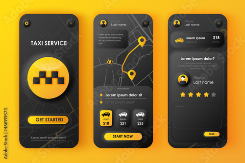 Taxi service concept neumorphic templates set. Online car booking, map navigation, driver or passenger rating. UI, UX, GUI screens for responsive mobile app. Vector design kit in neumorphism style