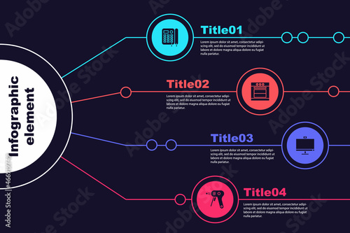 Set Telephone, Oven, Computer monitor and Electric hot glue gun. Business infographic template. Vector
