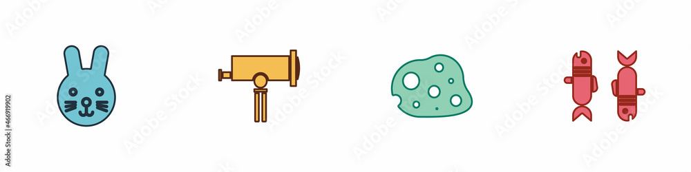 Set Rabbit zodiac, Telescope, Asteroid and Pisces icon. Vector Set Rabbit zodiac, Telescope, Asteroid and Pisces icon. Vector