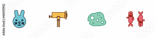 Set Rabbit zodiac, Telescope, Asteroid and Pisces icon. Vector