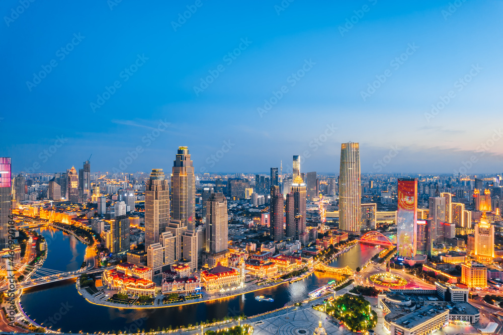 Obraz premium Aerial photography of CBD city skyline of Haihe and Jinwan Plaza, Tianjin, China