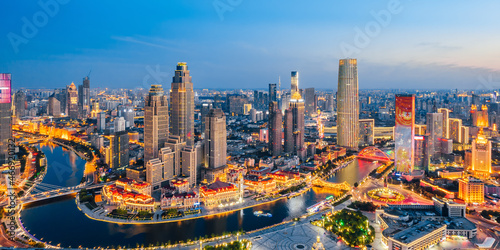 Aerial photography of CBD city skyline of Haihe and Jinwan Plaza, Tianjin, China