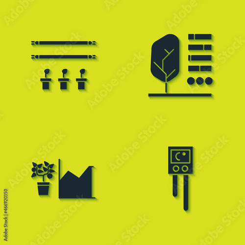 Set Smart farm with bulb and plant, Temperature humidity sensor, Flower statistics and Plant status icon. Vector