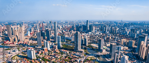Aerial photography of Haihe River and city skyline in Tianjin, China