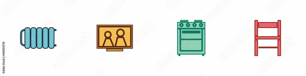Set Heating radiator, Picture frame on table, Oven and Chair icon. Vector Set Heating radiator, Picture frame on table, Oven and Chair icon. Vector