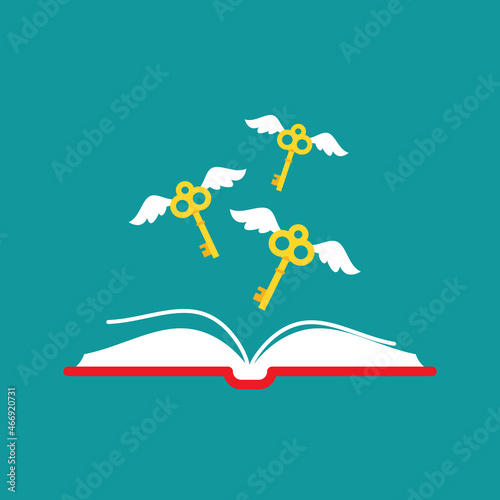 Open book with golden flying vintage keys with wings on blue background.